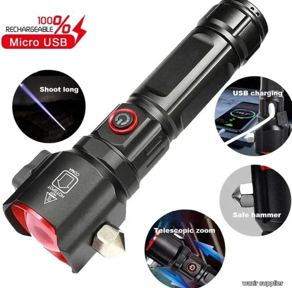 Rechargeable LED Torch Light – 8800mAh, Type-C Charging, Safety Hammer