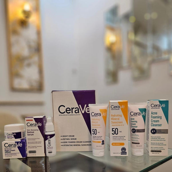 CeraVe 4 pcs Hydrating Facial Kit- Night Cream, Retinol Serum, Suncream & Cleanser for Acne-Prone