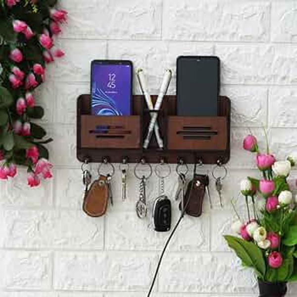 📱🔑 MDF Wood Mobile & Key Holder – Brown