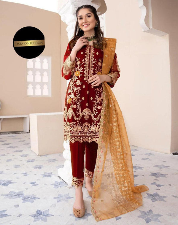 3 Pc Stitched 👗 Embroidered Organza Salwar Kameez Set - Elegant and Traditional 👗