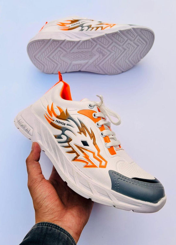 *Men's Orange and White Synthetic Leather Sneakers - Perfect for Running and Casual Wear! 👟🏃‍♂️*