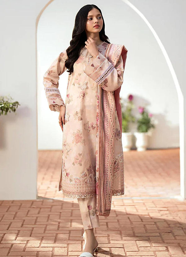 3 Pcs *Peach LINEN Suit Set - Elegant Digital Print Design for Women! 👗👒*-Unstitched